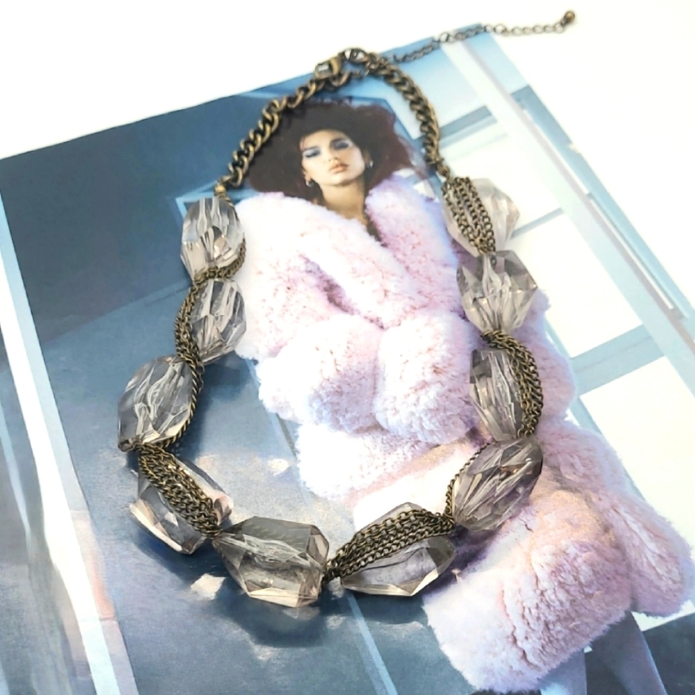 Vintage Retro Clear Lucite Geometric Bead Chain Embellished Statement Necklace